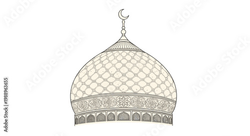 An elegant architectural illustration of a traditional mosque dome adorned with ornate floral patterns and a crescent moon symbol under soft white light.