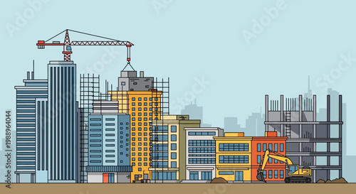 Construction site with buildings and crane.