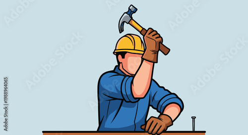 Man in hard hat holding hammer.