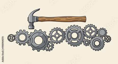 Hammer and interlocking metal gears mechanism.