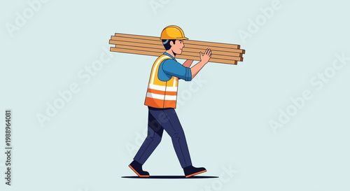 Man carrying wooden planks on shoulder.