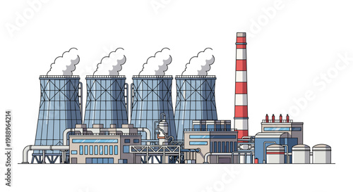 Meticulous industrial power plant illustration features four massive cooling towers emitting white steam clouds against a pristine white background with pipes.
