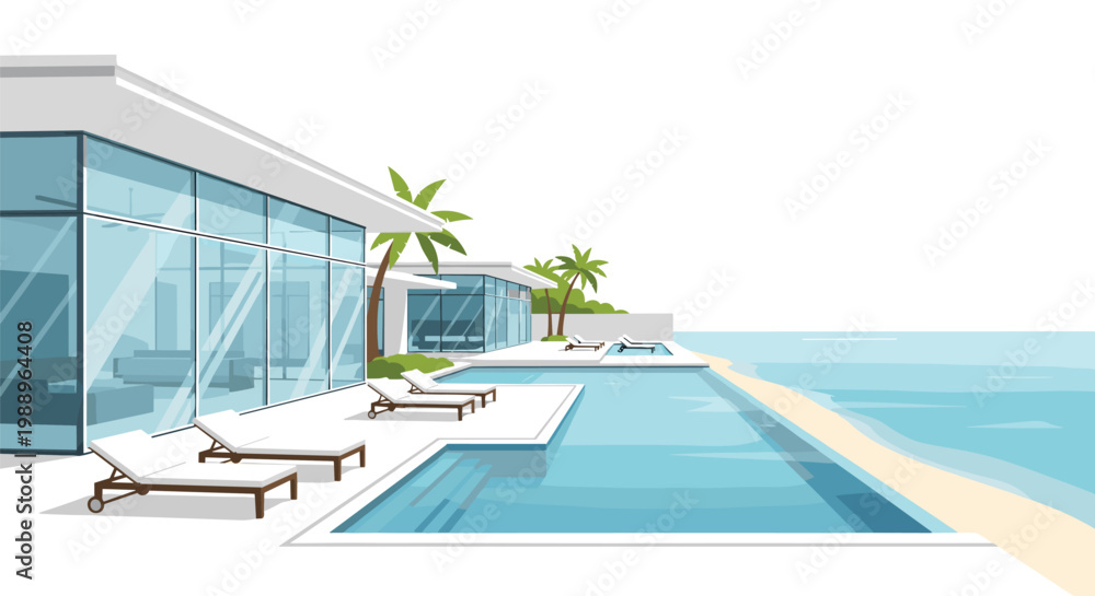 Fototapeta premium Luxurious beachfront modern villa with expansive glass walls and a crystal clear infinity pool overlooks a serene tropical ocean under a bright white sky.