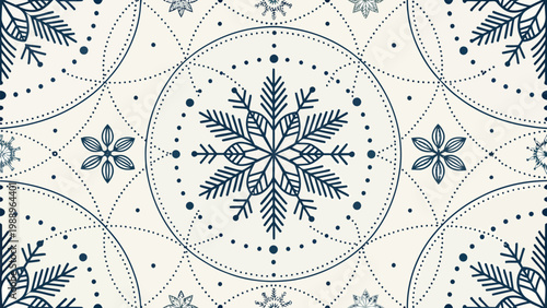 A beautiful winter seamless pattern featuring snowflakes and floral designs in a minimalist style