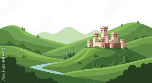 A majestic tan medieval castle with multiple fortified turrets stands proudly atop lush rolling green hills beside a winding blue river under a white sky.