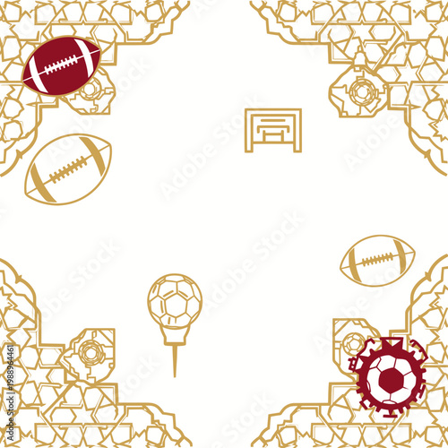 American Footballs and Soccer Ball with Geometric Pattern, Sports Concept
