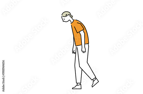 元気なく猫背でトボトボ歩く女性の線画イラスト