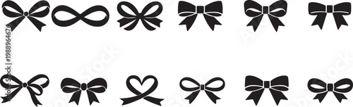 Bold black ribbon bow icon set. Minimal gift wrap symbols