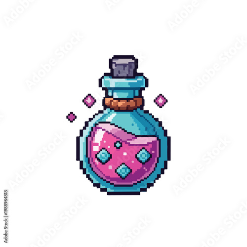 A pixel art illustration of a round glass potion bottle filled with magical pink liquid and blue gems, featuring a cork stopper and sparkles.