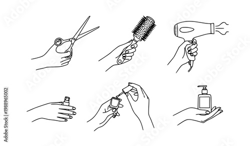 A set of hands holding various hair and beauty tools and products