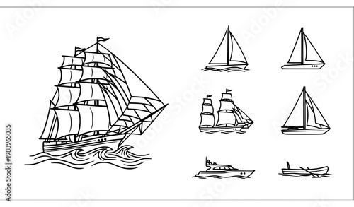 A set of sailing ships and boats in a minimalist line art style