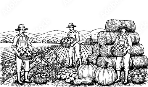 A black and white illustration of farmers harvesting vegetables in a field