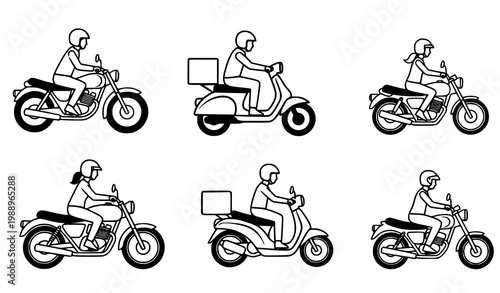 A set of minimalist illustrations of people riding motorcycles and scooters