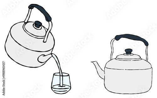Illustration of a Kettle and Pouring Water Into a Glass.