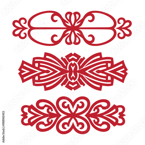 Red ornamental on white background, decorative borders and bow