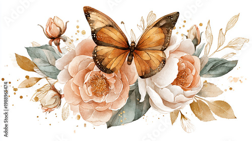 watercolor botanical butterfly and flowers texture template background.Elegant wedding invitation card background . Minimal hand painted Design for wedding or Valentine's Day