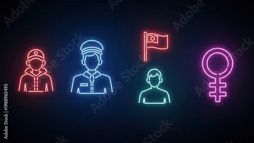 Vibrant Neon Line Icons Representing Diverse Human Identities and National Elements Digitally