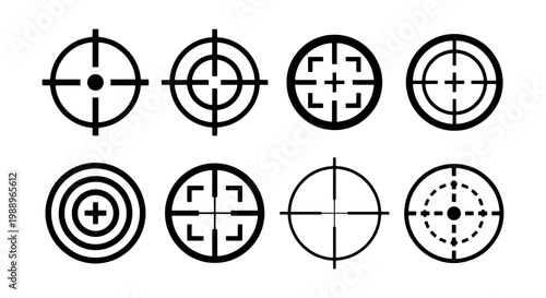 Target crosshair icons, 8 black vector aim symbols, sniper scope reticle set for UI