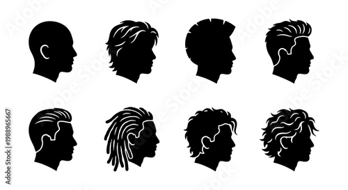 Male hairstyle silhouettes, 8 men hair profile icons, barber shop vector set