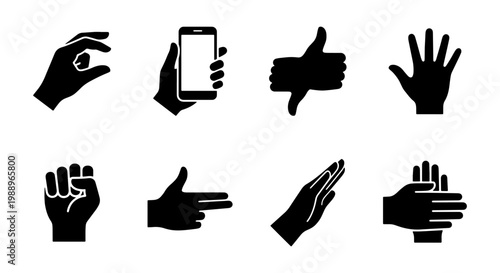 Black hand gestures icon set, 8 human hand silhouettes, mobile phone and palm vectors