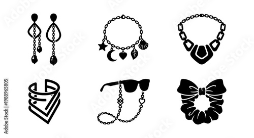 Fashion jewelry icons, black accessory vector set, 6 elegant feminine jewelry elements