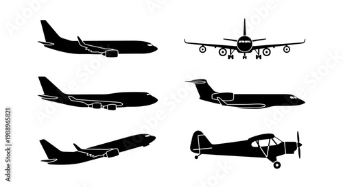 Airplane silhouette vector set, 6 aircraft icons, commercial jet and propeller plane