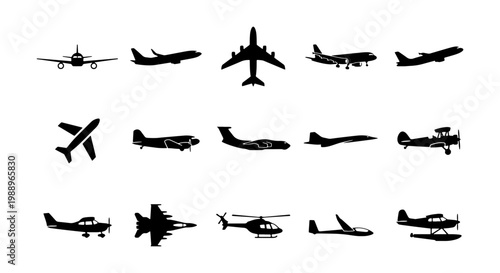 Airplane silhouette icons, set of 15 aircraft vector shapes, aviation transport symbols