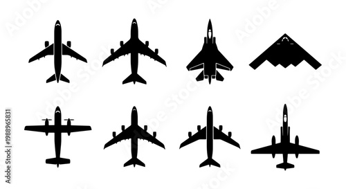 Airplane silhouette vector set, 8 aircraft icons, aviation transport symbols