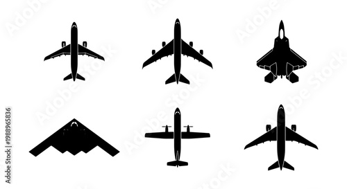Airplane silhouette vector set, 6 aircraft icons, commercial and military plane symbols