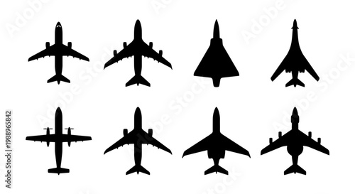 Airplane silhouette collection, 8 black aircraft icons, commercial aviation vector set
