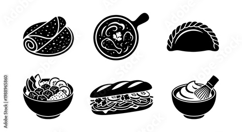 Global food icons set, 6 black vector cuisine elements, restaurant menu graphics