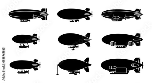 Vintage airship silhouette set, 9 blimp vector icons, retro dirigible zeppelin collection