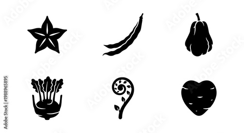 Minimalist vegetable icons set, black silhouette food symbols, organic produce vectors