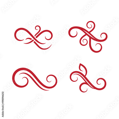 Red swirling flourishes on white background, set of four decorative white background, curls
