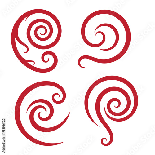 Red swirls on white background, four symmetrical spiral shapes spirals symmetrical shapes