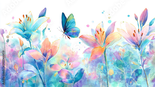 watercolor botanical butterfly and flowers texture template background.Elegant wedding invitation card background . Minimal hand painted Design for wedding or Valentine's Day