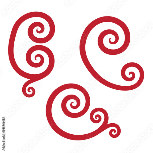 Red swirls on white background, three curly shapes spiral shapes abstract swirling patterns