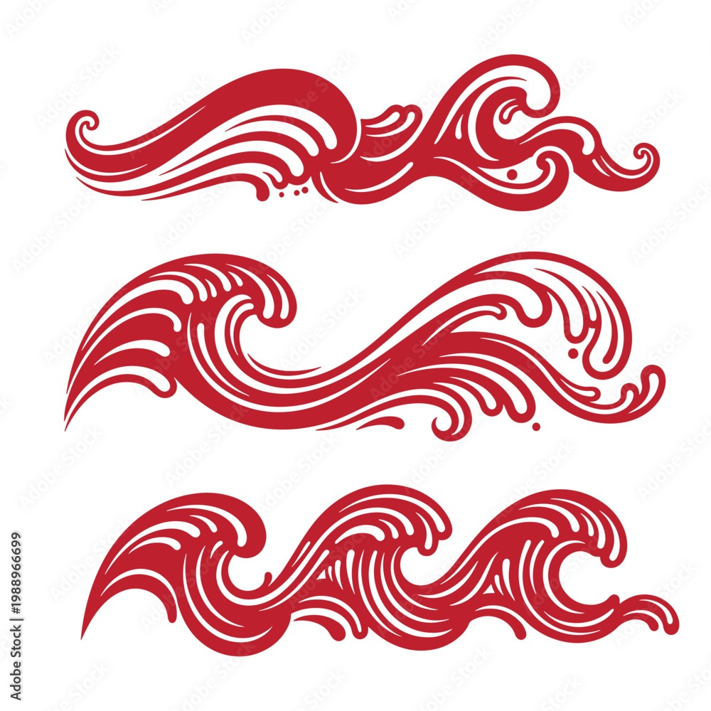 Fototapeta premium Red wave on white background, three stylized red waves stylized waves wave white background abstract