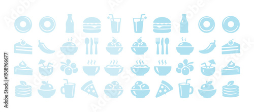 Set of 40 Light Blue Food and Drink Icons Vector isolated PNG with Transparent Background