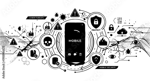 Mobile security concept with cyber threats and protection elements