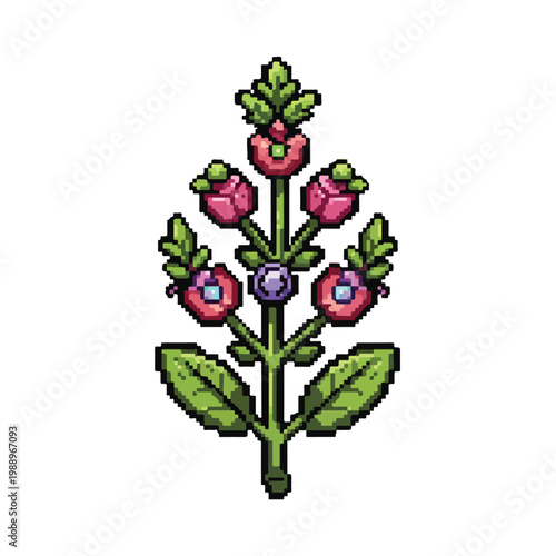 A colorful pixel art illustration of a symmetrical flowering plant featuring pink buds, green leaves, and a central purple gemstone.