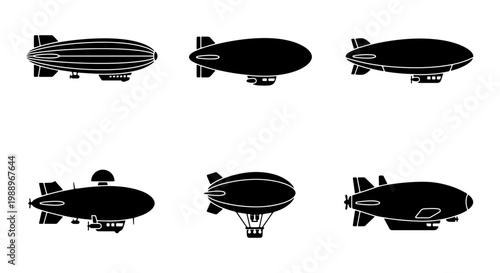 Vintage blimp silhouette icons, 6 airship vector elements, retro dirigible zeppelin set