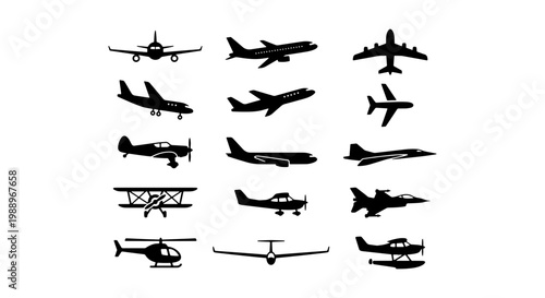 Airplane silhouette icons set, 15 aircraft vector symbols, aviation transport signs