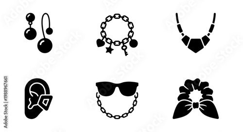 Fashion jewelry icon set, black accessory vector symbols, 6 jewelry elements for retail