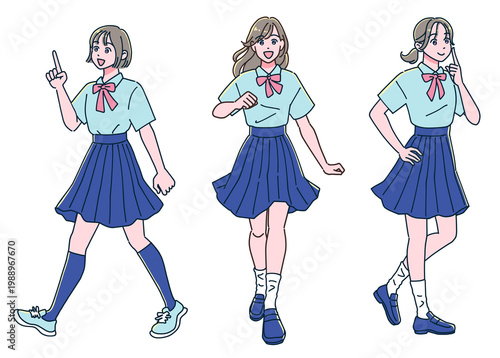 元気なアニメ調の女子生徒　夏の制服　全身