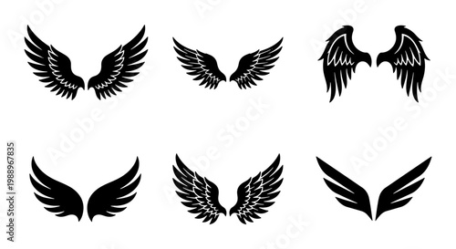 Black eagle wings silhouettes, 6 heraldic wing icons, bird feather vector set