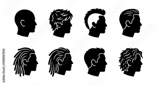 Male hairstyle silhouette set, 8 mens haircut icons, barber shop profile vector art