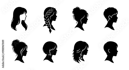 Woman hairstyle silhouettes, 8 female hair profile icons, beauty salon vector set