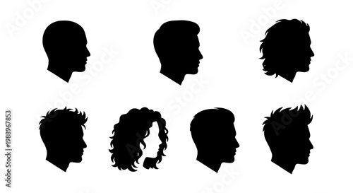 Male profile silhouette set, 7 man head icons, diverse hairstyle vector collection