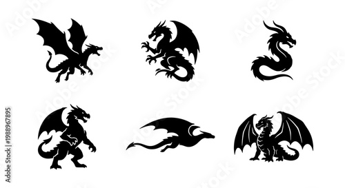 Mythical dragon silhouettes set, 6 black fantasy creature icons, flying dragon vector